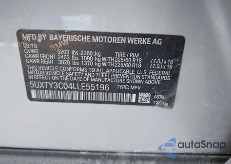 2020 BMW X3 Sdrive30I из США, поврежденный, VIN 5UXTY3C04LLE55196